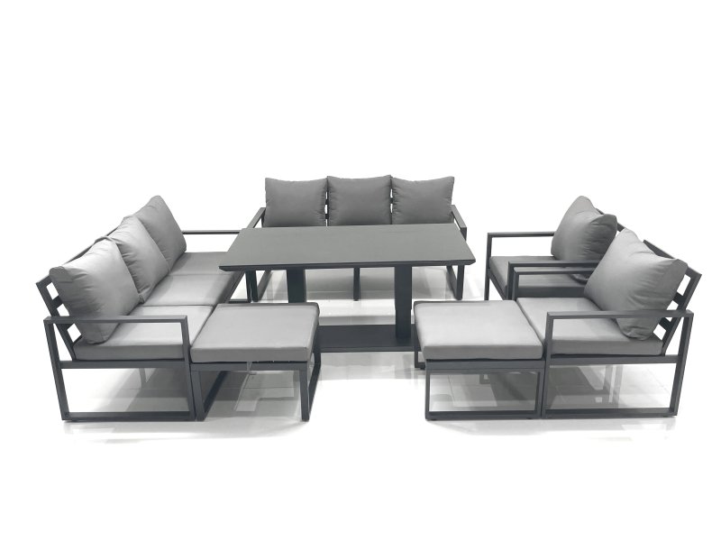 Fimous Garden Sofa Set Aluminium Furniture Rising Dining Tabe Set with 2 Chair 2 Big Footstool Dark Grey