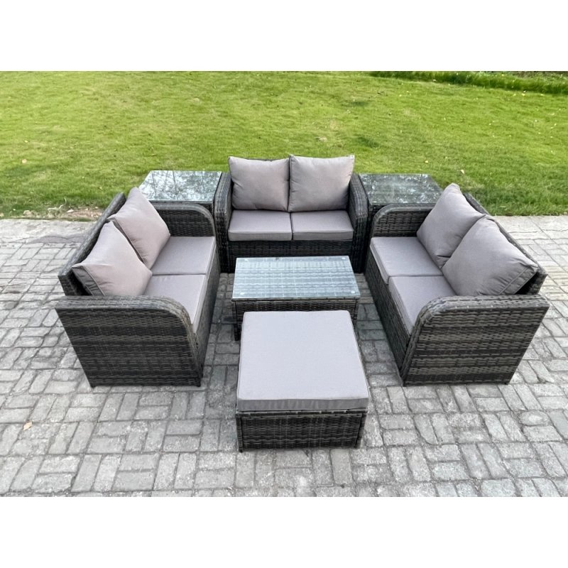 Fimous Outdoor Garden Furniture Sets 7 Seater Wicker Rattan Furniture Sofa Sets with Rectangular Coffee Table Love Sofa 2 Side Tables Big Footstool Dark Grey Mixed