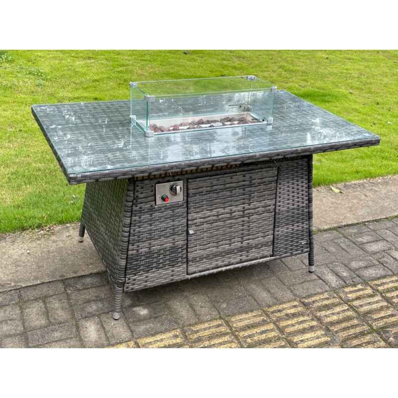Fimous Dark Grey Rattan Fire Pit Table Dining Table Gas Heater Garden Furniture Accessory Patio With Clear Tempered Glass