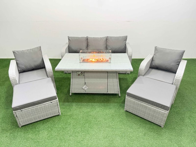Fimous PE Rattan Garden Furniture Set Reclining Chair Sofa Lounge Sofa Set Firepit Dining Table 2 Big Footstool Light Grey