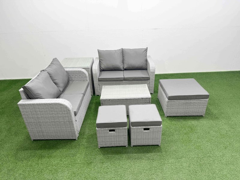 Fimous 7 Seater Outdoor Love Sofa Set Rattan Garden Furniture Set with Rectangular Coffee Table 3 Footstool Side Table Light Grey