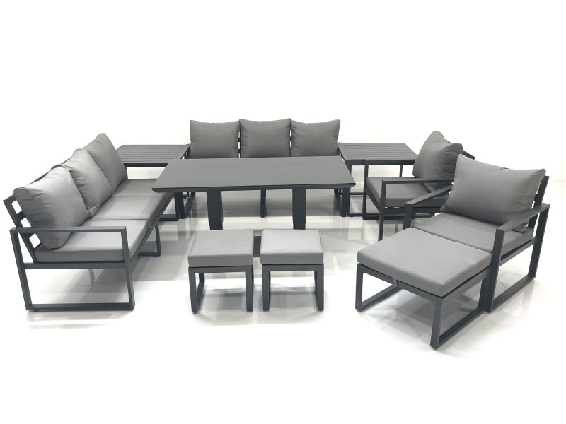 Fimous Garden Sofa Set Aluminium Furniture Rising Dining Tabe Set with 2 Chair 3 Footstools 2 Side Tables Dark Grey