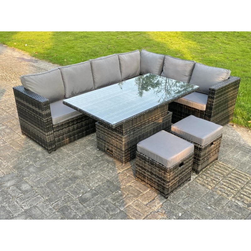 Fimous 8 Seat Dark Mixed Grey Rattan Garden Furniture Corner Sofa Set Adjustable Dining Or Coffee Table Right Side