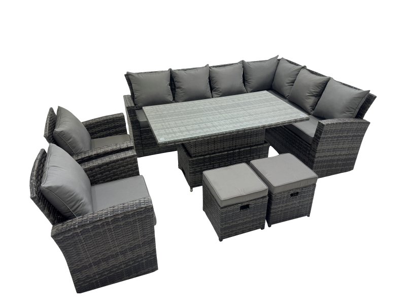 Fimous 10 Seat Rattan Garden Furniture Corner Sofa Set Outdoor Adjustable Lifting Dining or Coffee Table Set with 2 Small Footstools Dark Grey Mixed