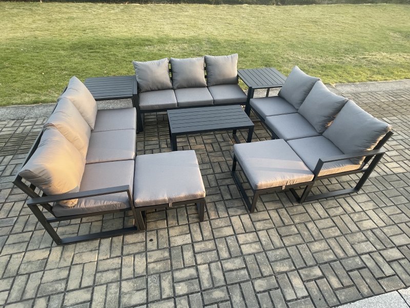 Fimous Aluminium Outdoor Garden Furniture Set Lounge Sofa Oblong Coffee Table 2 PC Big Footstool 2 Side Tables Sets with Cushions Dark Grey 11 Seater