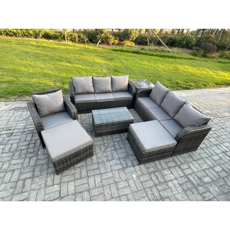 Fimous 9 Seater Rattan Lounge Sofa Set Outdoor Garden Furniture Set with Rectangular Coffee Table 3 Seater Sofa 2 Big Footstool Side Table Dark Grey Mixed