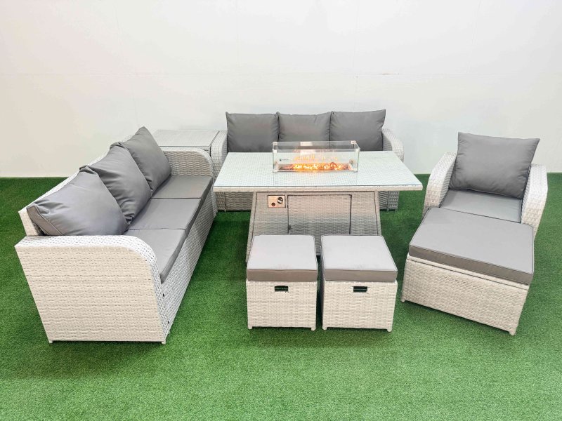 Fimous 10 Seater Poly Rattan Outdoor Garden Furniture Firepit Dining Table Sofa Set Patio 3 Seater Sofa Reclining Chair 3 Seater Sofa 3 Stools Side Table Light Grey