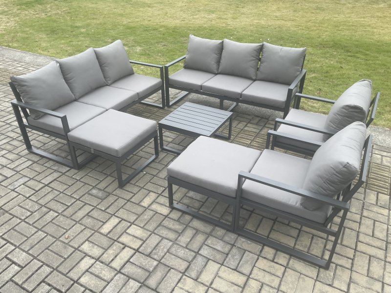 Fimous Aluminium Patio Outdoor Garden Furniture Lounge Sofa Set with Square Coffee Table 2 Chairs 2 Big Footstools Dark Grey