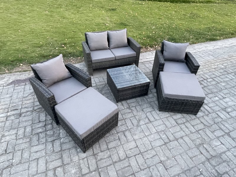 Fimous 6 Seater Rattan Outdoor Garden Furniture Sofa Set Table & Chairs with 2 Big Footstool Dark Grey Mixed