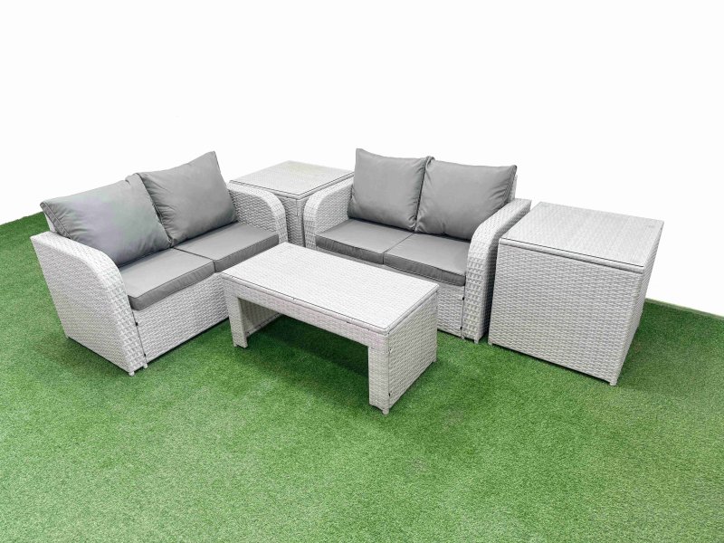 Fimous 4 Seater Outdoor Love Sofa Set Rattan Garden Furniture Set with Oblong Coffee Table 2 Side Tables Light Grey
