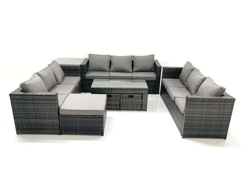 Fimous Outdoor Garden Furniture Set 8 Pieces Rattan Sofa Set with Coffee Table 3 Footstools Side Table Dark Grey Mixed