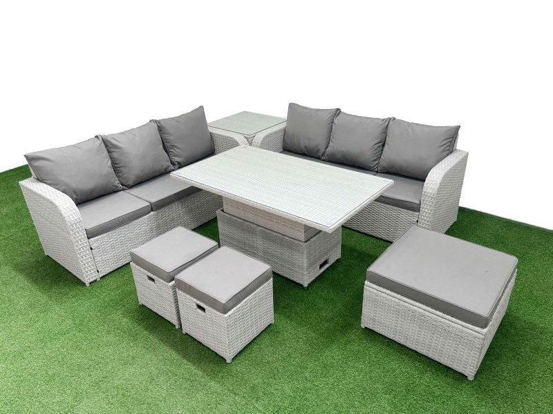 Fimous Outdoor Garden Furniture Sets 9 Seater Wicker Rattan Furniture Sofa Sets with Adjustable Lifting Dining or Coffee Table high Back Lounge Sofa 3 Stools Side Table Light Grey