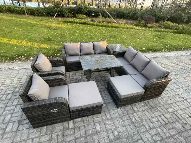 Fimous Outdoor Lounge Sofa Set Wicker PE Rattan Garden Furniture Set with Rectangular Dining Table Side Table 2 Big Footstool Dark Grey Mixed