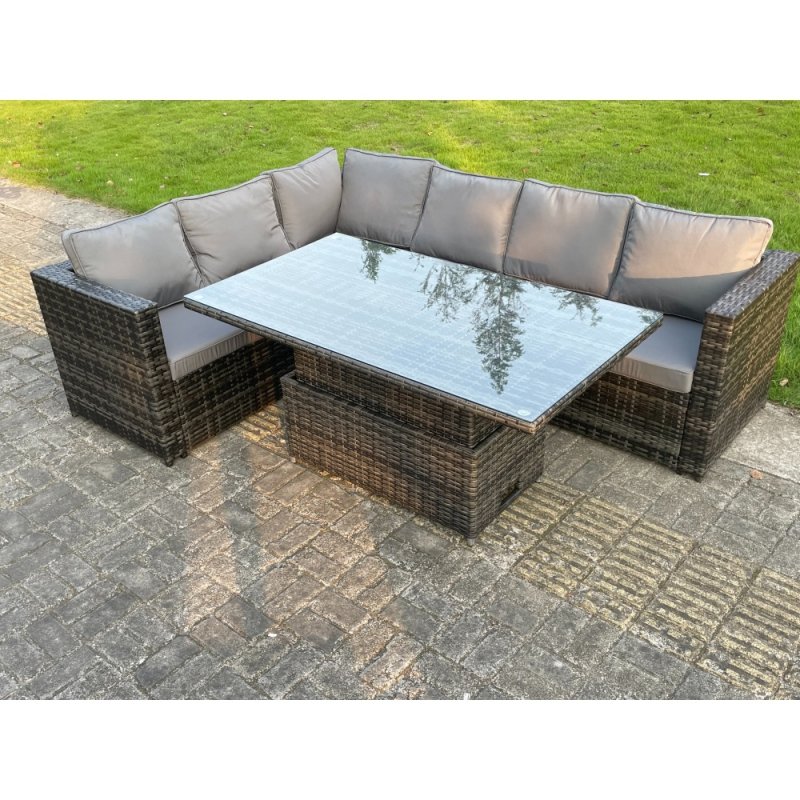 Fimous 6 Seater PE Rattan Corner Sofa Set Rising Adjustable Dining Table Set With Seat And Back Cushion