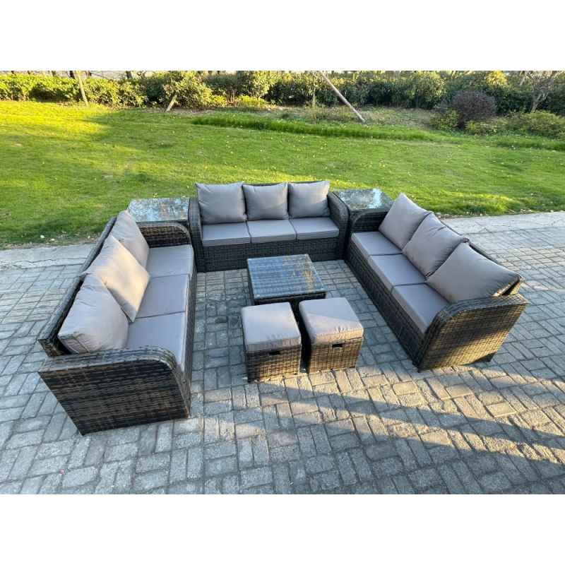 Fimous 11 Seater Rattan Outdoor Furniture Set Patio Garden Sofa Set with Square Coffee Table 3 Seater Sofa 2 Small Footstools 2 Side Tables Dark Grey Mixed