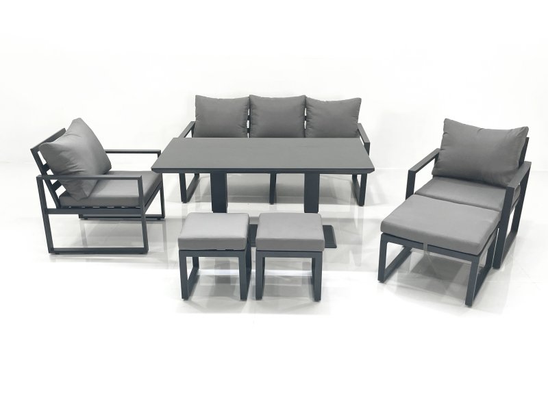 Fimous 8 Seater Aluminium Outdoor Garden Furniture Set with Adjustable Rising Lifting Dining Table 3 Seater Sofa 2 Chair 3 Footstool Dark Grey
