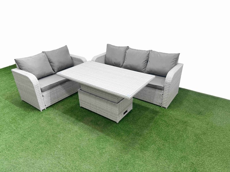 Fimous 5 Seater PE Rattan Wicker Garden Furniture Patio Conservatory Sofa Set with Adjustable Lifting Dining or Coffee Table 3 Seater Sofa Love Sofa