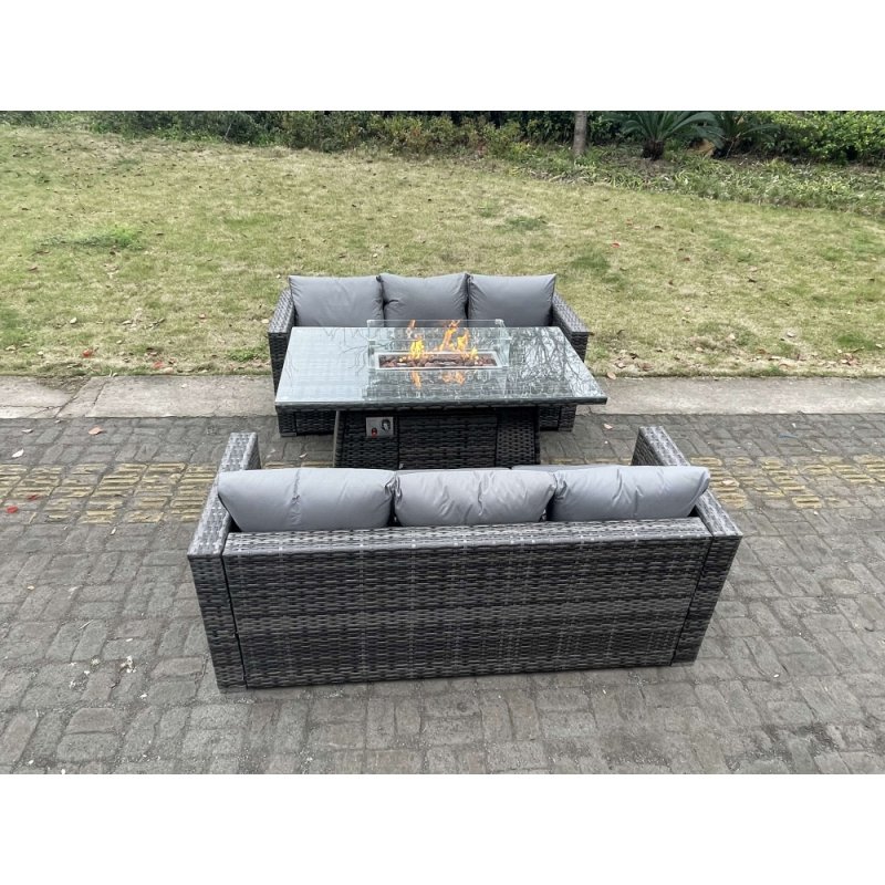 Fimous 6 Seater Outdoor PE Rattan Garden Furniture Gas Fire Pit Dining Table Set Lounge Sofa Three Seater Sofa Dark Grey Mixed Patio