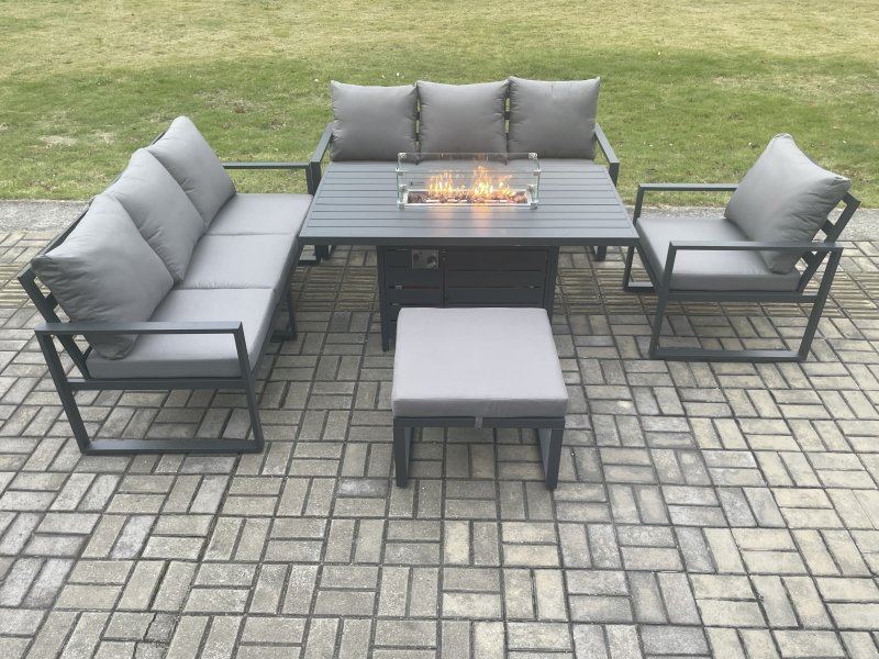 Fimous Aluminium Outdoor Lounge Sofa Garden Furniture Sets Gas Fire Pit Dining Table Set with Arm Chair Big Footstool Dark Grey