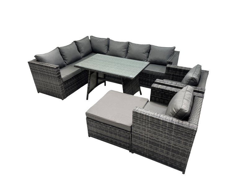 Fimous 9-seater Outdoor PE Rattan Sofa Set with Dining Table Patio Garden Furniture Sets with 2 Chair Big Stool Dark Grey Mixed