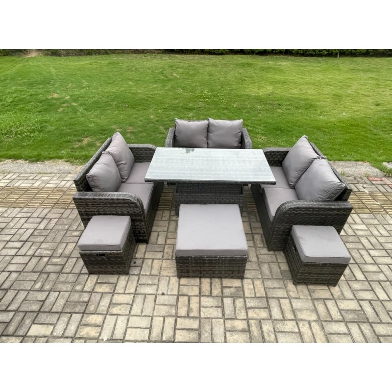 Fimous Rattan Garden Outdoor Furniture 3 PC Love Sofa Set Adjustable Rising lifting Dining Table With 3 Footstools