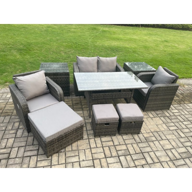 Fimous Rattan Outdoor Garden Furniture Set Rectangular Dining Table and Chair Sofa Set With 2 Side Tables 3 Footstools Dark Grey Mixed