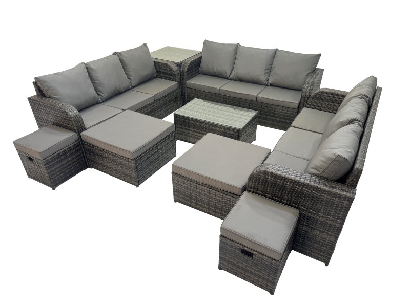 Fimous Outdoor 3 Seater Sofa Coffee Table Set Garden Rattan Furniture Set 13 Seater with Side Table 4 Stools Dark Grey