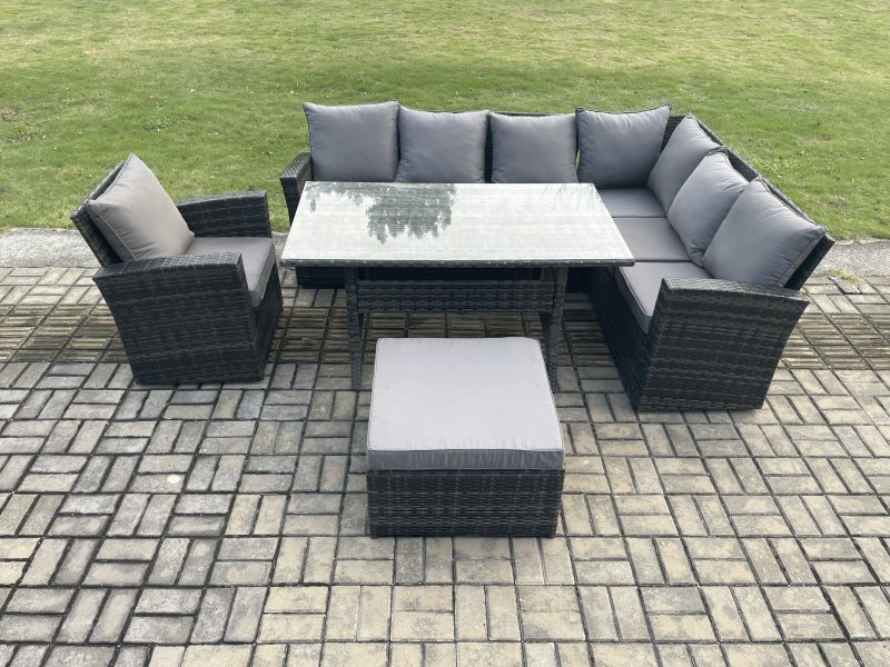 Fimous 8 Seater Garden Rattan Furniture Corner Sofa Dining Table Chair Set with Big Footstool Indoor Outdoor Lounge Sofa Set
