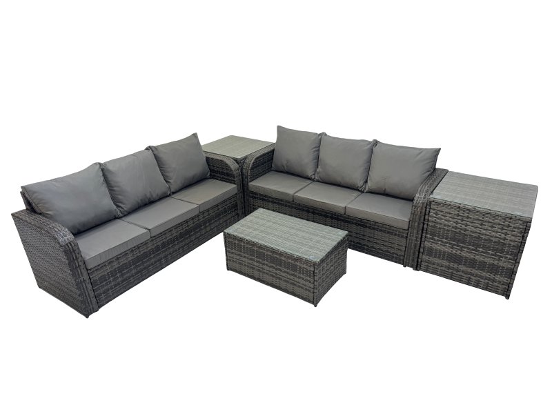 Fimous Outdoor 3 Seater Sofa Coffee Table Set Garden Rattan Furniture Set 6 Seater with 2 Side Tables Dark Grey