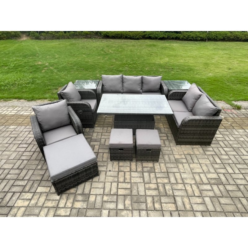 Fimous Wicker PE Rattan Outdoor Garden Furniture Sets Height Adjustable Rising lifting Dining Table Reclining Chair Sofa Set with 2 Side Tables 3 Footstools Dark Grey Mixed