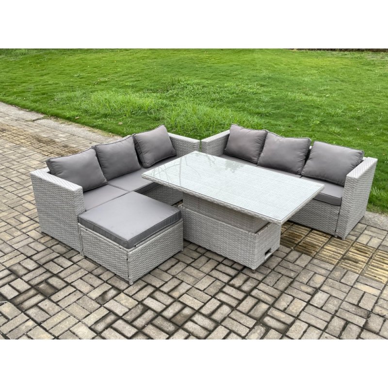 Fimous Outdoor Rattan Garden Funiture Set Height Adjustable Rising Lifting Table Sofa Dining Set with Big Footstool