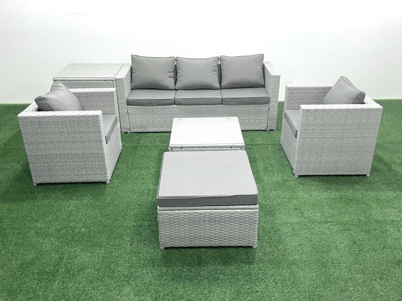 Fimous 6 Seater Rattan Garden Furniture Set with 3 Seater Sofa 2 Chair Square Coffee Table Big Footstool Side Table Light Grey Mixed