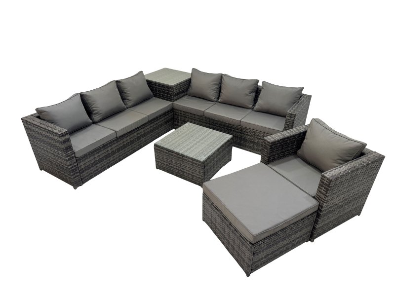 Fimous 8 Seater Garden Outdoor Rattan Furniture Set Patio Corner Sofa Coffee Table with Side Table Big Stool Dark Grey