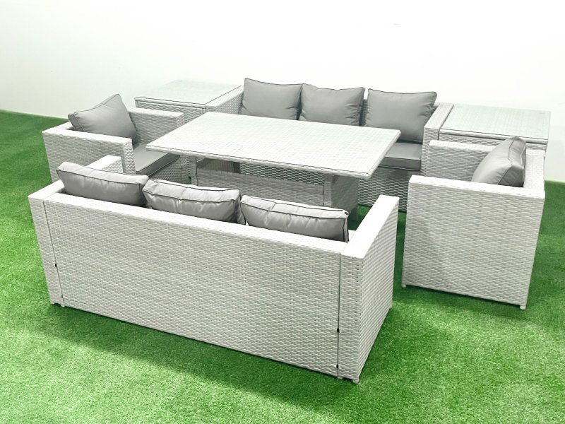 Fimous Rattan Garden Furniture Set Outdoor 8 Seater Patio Dinin g Sofa Sets with Dining Table 2 Chairs 2 Side Tables Light Grey Mixed