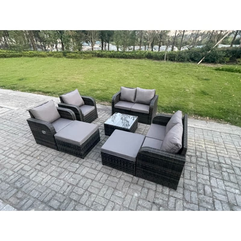 Fimous 8 Seater High Back Rattan Garden Furniture Set with Square Coffee Table 2 Big Footstool Love Sofa Reclining Chair Indoor Outdoor Patio Lounge Sofa Set Dark Grey Mixed