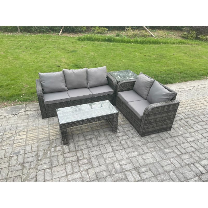 Fimous Outdoor Rattan Garden Furniture Set Patio Lounge Sofa Set with Rectangular Coffee Table Side Table Dark Grey Mixed