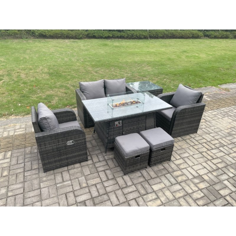 Fimous Rattan Garden Furniture Set Outdoor Patio Gas Fire Pit Dining Table and Chairs with Side Table Love seat Sofa 2 Small Footstools