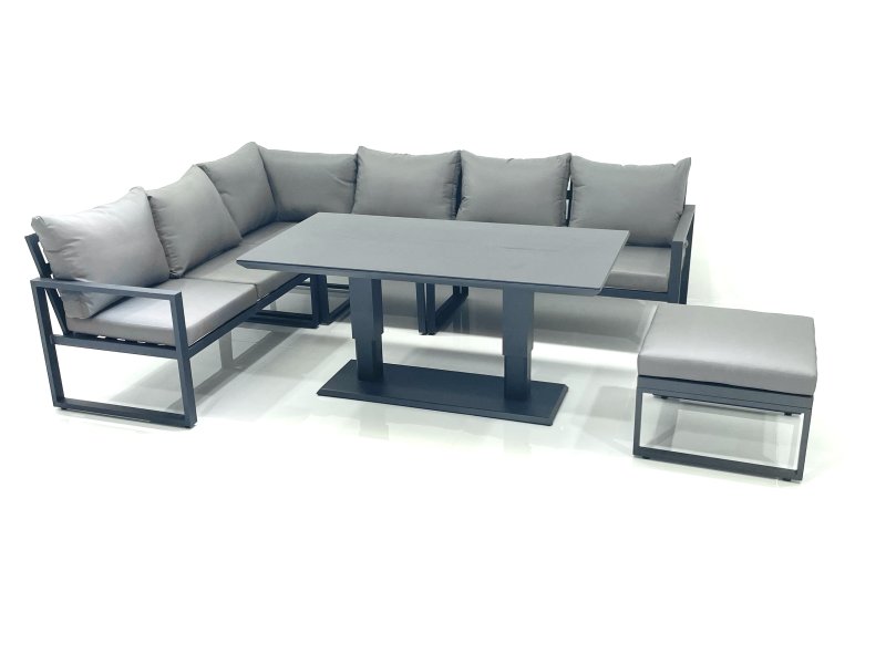 Fimous Aluminum Outdoor Garden Furniture Set Corner Sofa Big Footstool Adjustable Rising Lifting Dining Table Sets Dark Grey