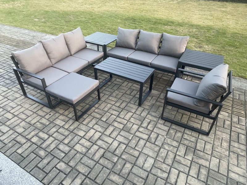 Fimous Aluminium 8 Seater Garden Furniture Outdoor Patio Sofa Set with Rectangular Coffee Table Armchair Big Footstool 2 Side Tables Dark Grey