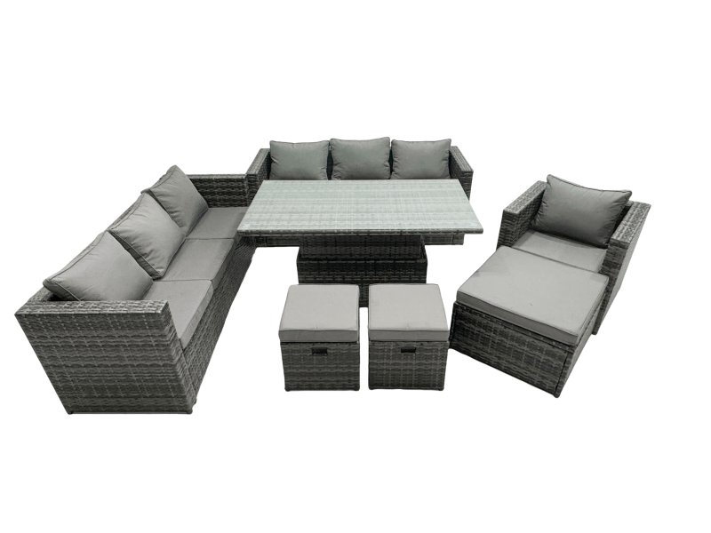 Fimous Rattan Dining Table Sofa Set with 3 Footstool Armchair Outdoor 10 Seat Garden Furniture Set Dark Grey Mixed