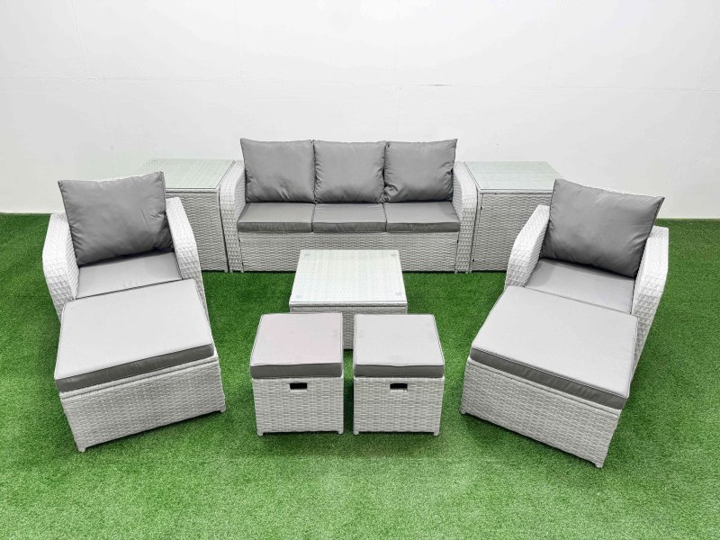 Fimous Outdoor Garden Furniture Set PE Rattan Lounge Sofa Set with Coffee Table 3 Seater Sofa 4 Footstools 2 Side Tables Light Grey