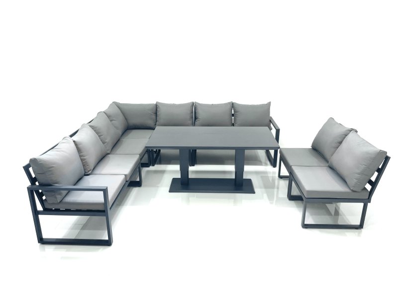 Fimous 9 Seater Outdoor Aluminum Garden Furniture Set Corner Sofa Rising Lifting Dining Table Sets Dark Grey