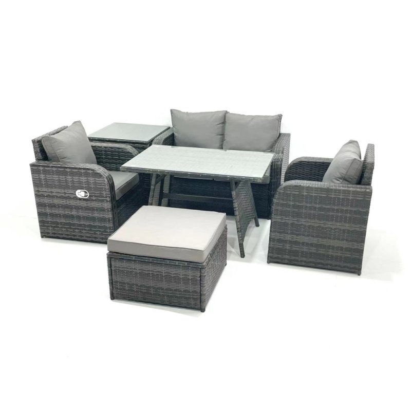 Fimous Outdoor Garden Furniture Set Rattan Sofa Dining Table Set with Reclining Chair Side Table Big Footstool Dark Grey Mixed