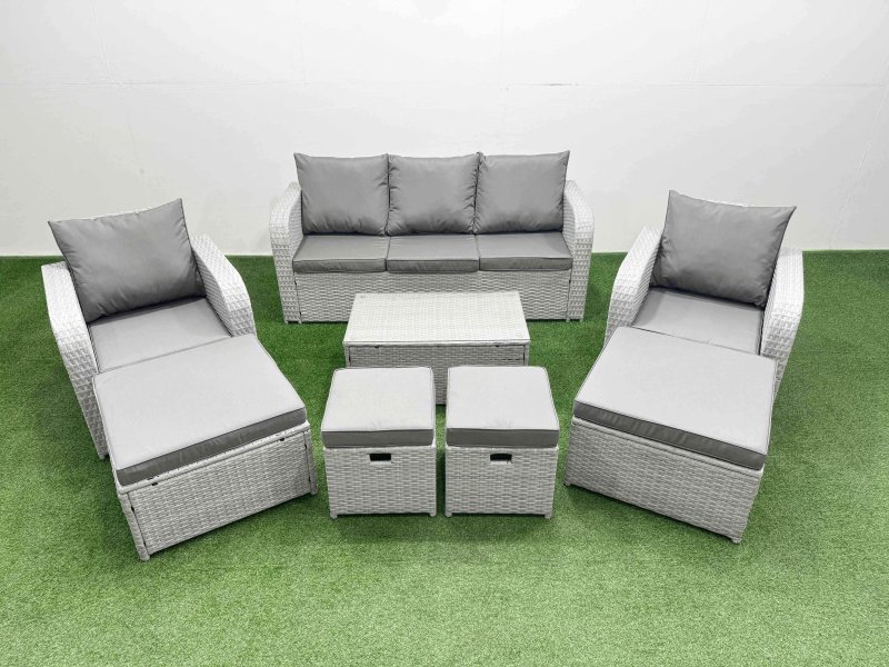 Fimous 8 PCs Rectangular Coffee Table Set Reclining Chair Inclining Sofa Seat 2 Big Footstool 2 Small Stool Light Grey