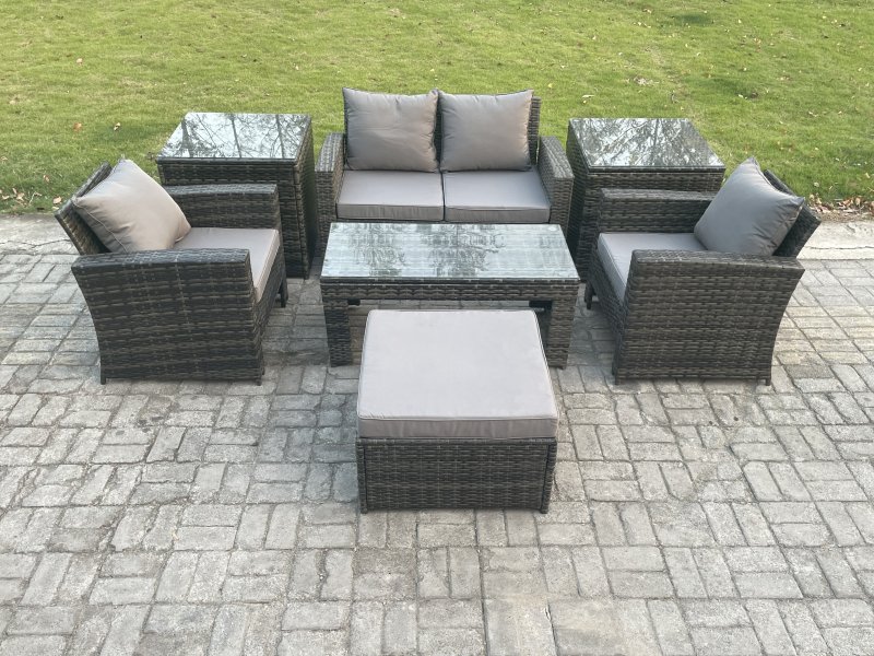 Fimous 5 Seater Outdoor Rattan Garden Furniture Set Patio Lounge Sofa Set with Coffee Table 2 Side Tables Big Footstool Dark Grey Mixed