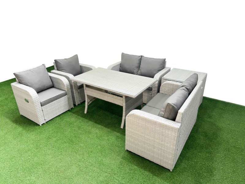 Fimous 6 Seater Outdoor Reclining Chair Love Sofa Set Rattan Garden Furniture Set with Rectangular Dining Table Side Table Light Grey