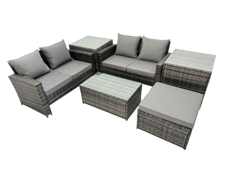 Fimous PE Rattan Garden Furniture Set Lounge Double Seat Sofa Coffee Table Set with 2 Side Tables Big Stool Dark Grey MixedMixed