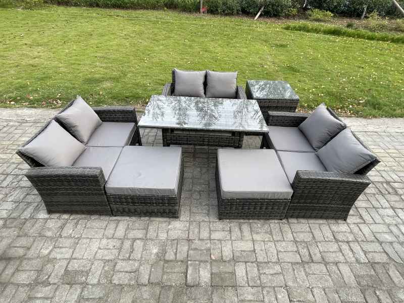 Fimous 8 Seater Wicker PE Rattan Garden Furniture Sets Outdoor Lounge Sofa Set with Oblong Dining Table Double Seat Sofa 2 Big Footstool Side Table Dark Grey Mixed