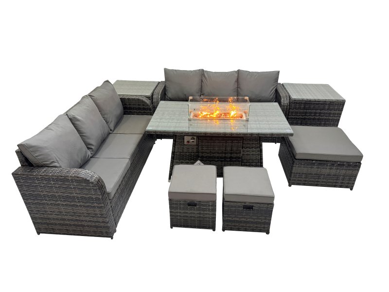 Fimous Garden Outdoor Rattan Furniture Set Rattan 3 Seater Sofa with 3 Stools 2 Side Tables Dark Grey Mixed