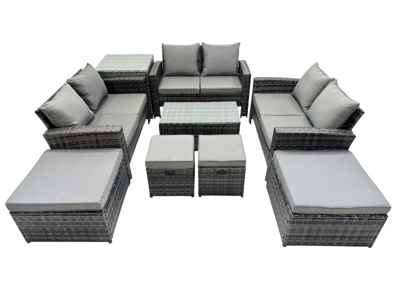 Fimous PE Rattan Garden Furniture Set Lounge Double Seat Sofa Coffee Table Set with Side Table 4 Stools Dark Grey MixedMixed